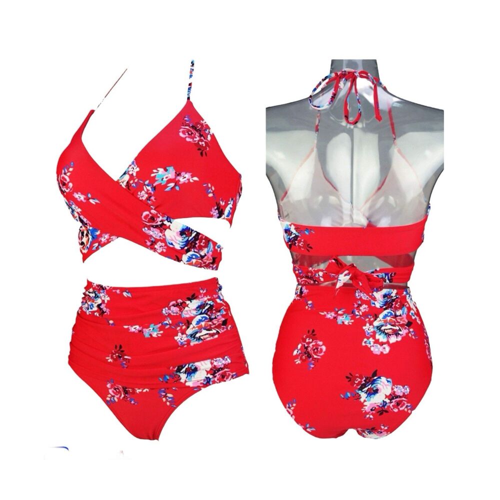 COCOSHIP High Waist Bikini Set Red Floral Wrap Top Back Tie